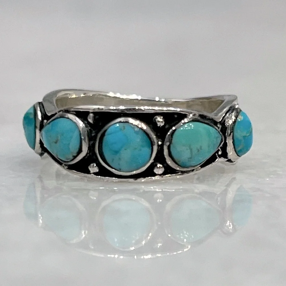 Santa Fe Style Sterling Silver Kingman Turquoise 5 Stone Ring Sz 7